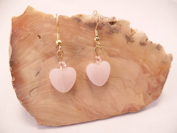 Pink Frosted Glass Heart and Swarovski Crystal Earrings