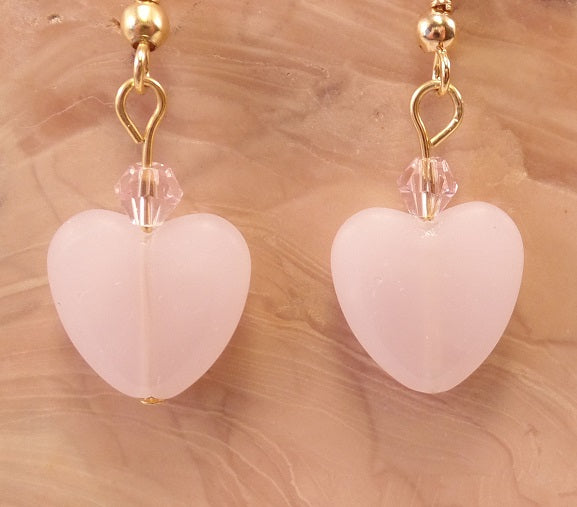 Pink Frosted Glass Heart and Swarovski Crystal Earrings