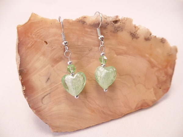 Sea Green Foil Glass Heart and Swarovski Crystal Earrings
