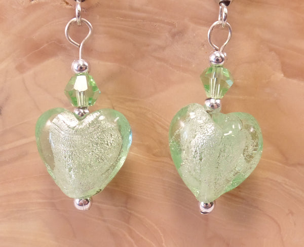 Sea Green Foil Glass Heart and Swarovski Crystal Earrings