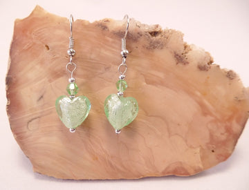 Sea Green Foil Glass Heart and Swarovski Crystal Earrings