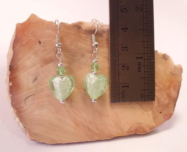 Sea Green Foil Glass Heart and Swarovski Crystal Earrings