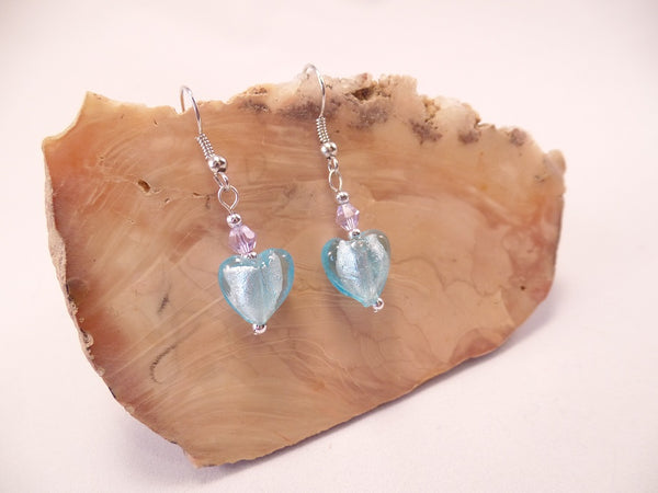 Light Blue Foil Glass Heart and Swarovski Crystal Earrings