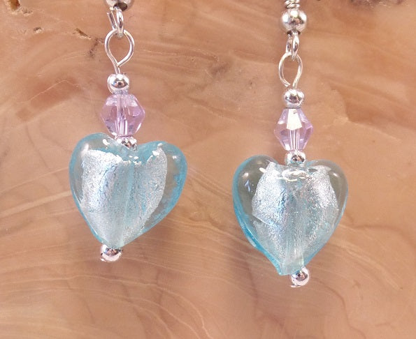 Light Blue Foil Glass Heart and Swarovski Crystal Earrings