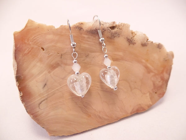 White Foil Glass Heart and Swarovski Crystal Earrings