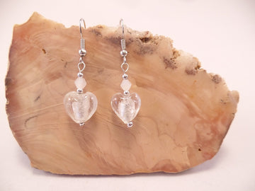 White Foil Glass Heart and Swarovski Crystal Earrings