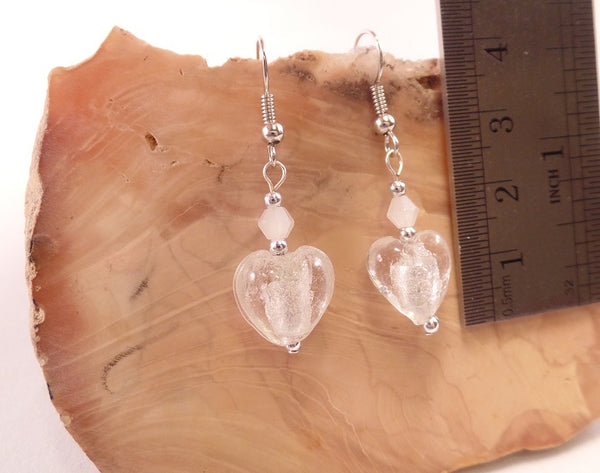 White Foil Glass Heart and Swarovski Crystal Earrings