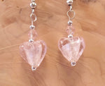Pink Foil Glass Heart and Swarovski Crystal Earrings