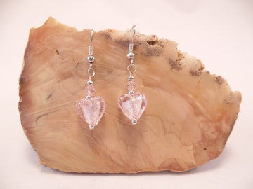 Pink Foil Glass Heart and Swarovski Crystal Earrings