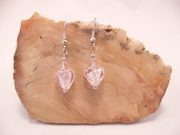 Pink Foil Glass Heart and Swarovski Crystal Earrings