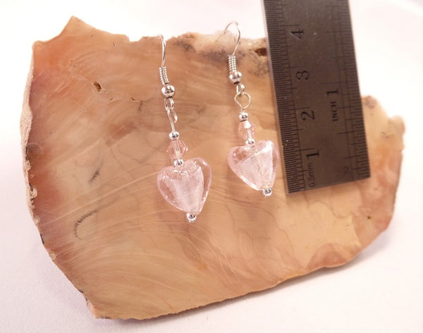 Pink Foil Glass Heart and Swarovski Crystal Earrings