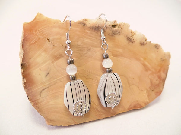 White Hexagon Mother of Pearl Shell finish Bead Earrings with Spiral Wire Detail