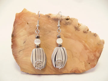 White Hexagon Mother of Pearl Shell finish Bead Earrings with Spiral Wire Detail