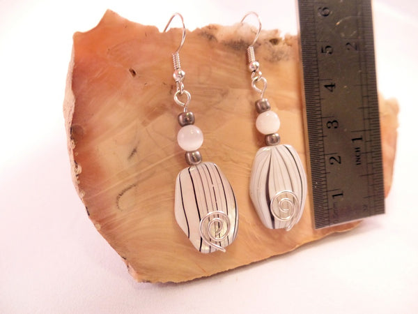 White Hexagon Mother of Pearl Shell finish Bead Earrings with Spiral Wire Detail