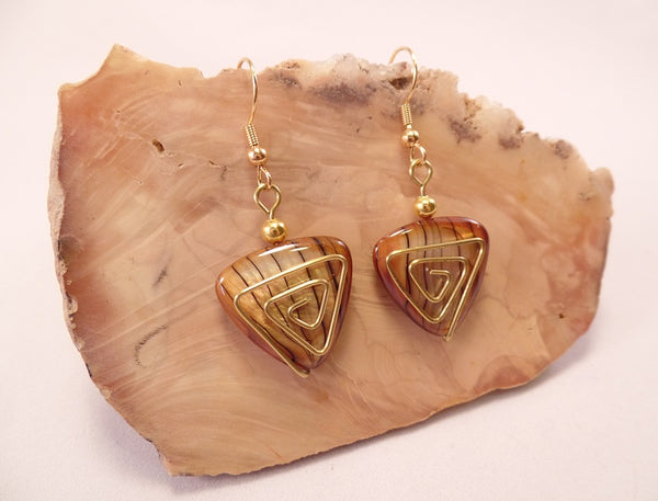 Brown Triangular Mother of Pearl finish Shell Earrings with Spiral Wire Detail