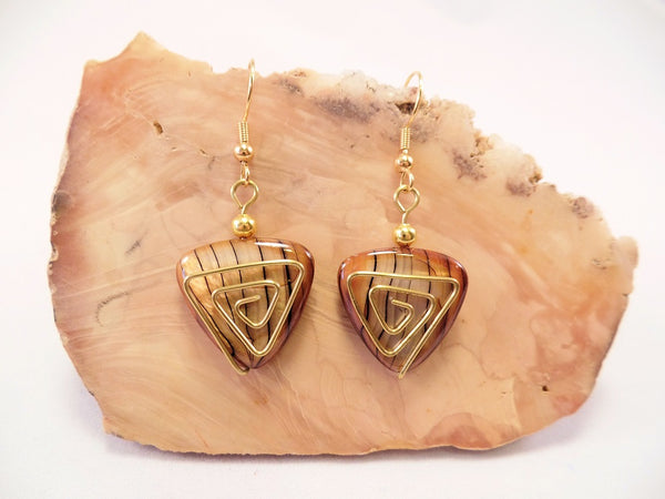 Brown Triangular Mother of Pearl finish Shell Earrings with Spiral Wire Detail