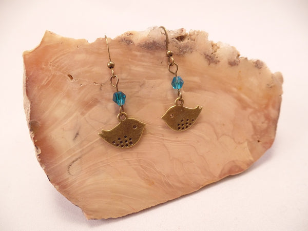 Antique Brass and Swarovski Crystal Bird Earrings
