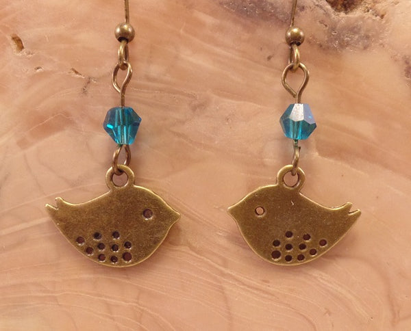 Antique Brass and Swarovski Crystal Bird Earrings