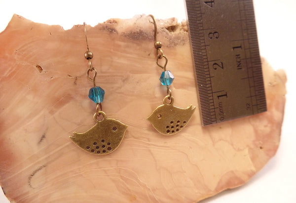 Antique Brass and Swarovski Crystal Bird Earrings