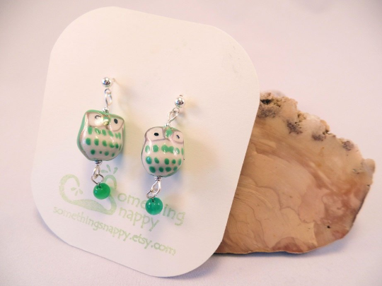 Medium Green Ceramic Owl Post Earrings