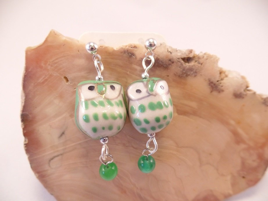 Medium Green Ceramic Owl Post Earrings